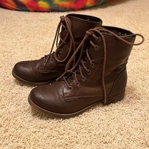 Rock & Candy Womens Brown With Plaid Fold Over Combat Boots